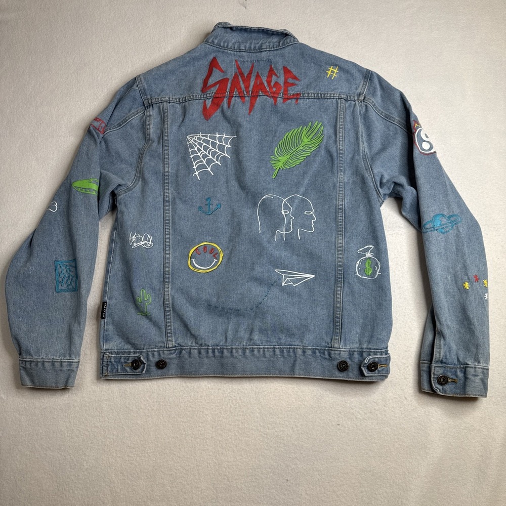 Brooklyn Cloth Savage Graffiti Blue Denim Jean Jacket Mens Sz L Doodles‎ Allover
